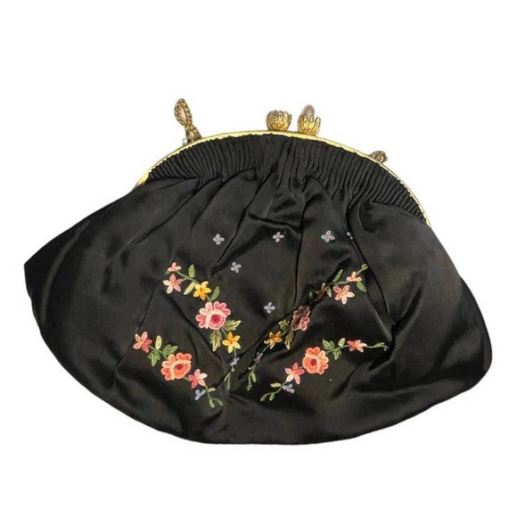 Antique Handbags - Antique 1930s Black Purse Embroidered Forbidden Stitch Roses On Silk